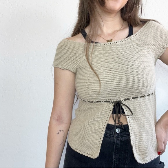 Vintage Y2K No Boundaries 2000’s Knit Cap Sleeve Open Front Tie Bow babydoll Top - Picture 1 of 7